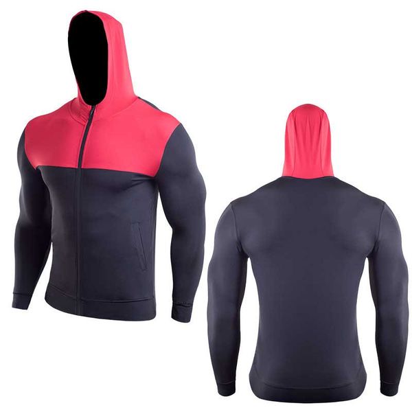 men workout gym fitness cap hoodie tee sport running quick dry exercise muslce bodybuilding t shirt jackets jersey m1834, Black;red